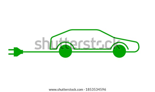 Green linear logo electric car on a\
white background. Ecological transport\
emblem
