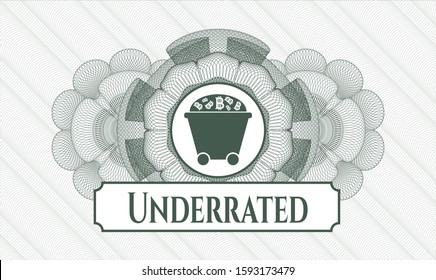 Green linear rosette with Bitcoin mining trolley icon and Underrated text inside