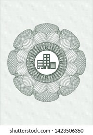 Green linear rosette with buildings icon inside