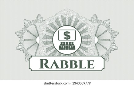 Green linear rosette with business congress icon and Rabble text inside