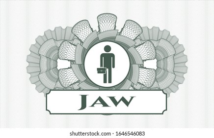 Green linear rosette with businessman holding briefcase icon and Jaw text inside