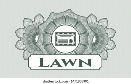Green linear rosette with certificate icon and Lawn text inside