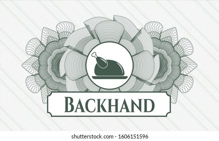 Green linear rosette with chicken dish icon and Backhand text inside