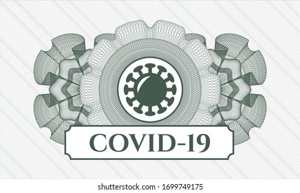 Green linear rosette with coronavirus icon and COVID-19 text inside