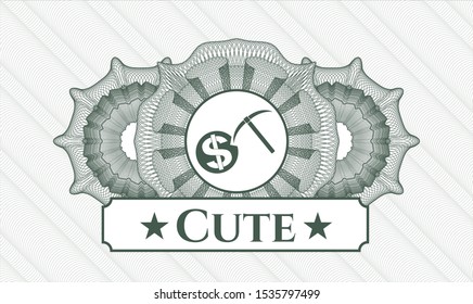 Green linear rosette with cryptocurrency mining icon and Cute text inside