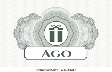 Green linear rosette with gift box icon and Ago text inside