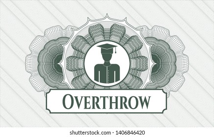 Green linear rosette with graduated icon and Overthrow text inside