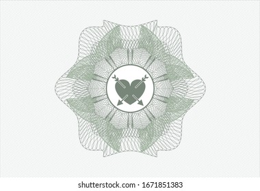 Green linear rosette with heart with two arrows icon inside