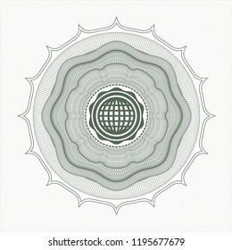 Green linear rosette with international icon inside