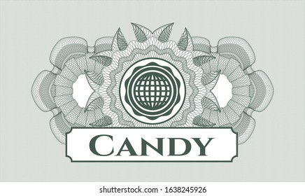 Green linear rosette with international icon and Candy text inside