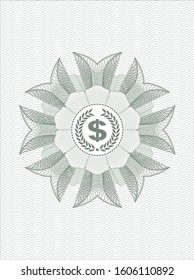 Green linear rosette with laurel wreath with money symbol inside icon inside