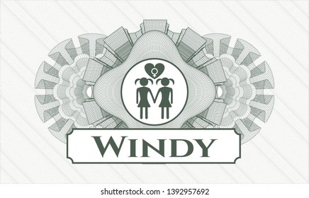 Green linear rosette with lesbian love icon and Windy text inside