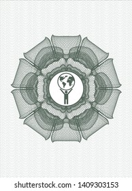 Green linear rosette with man lifting world icon inside