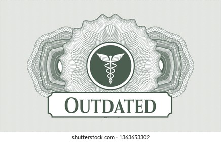 Green linear rosette with medicine icon and Outdated text inside