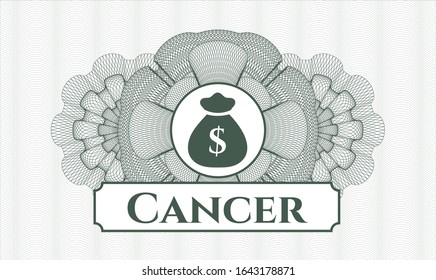 Green linear rosette with money bag icon and Cancer text inside