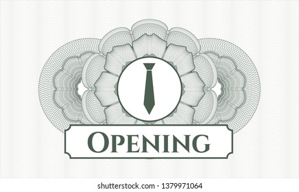 Green linear rosette with necktie icon and Opening text inside