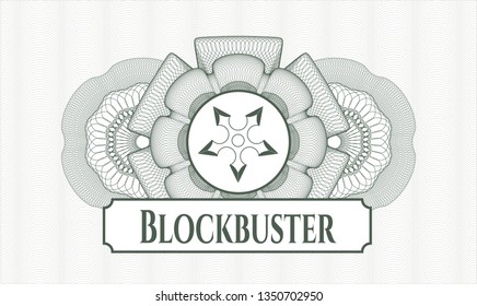 Green linear rosette with ninja star icon and Blockbuster text inside