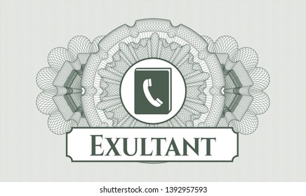 Green linear rosette with phonebook icon and Exultant text inside