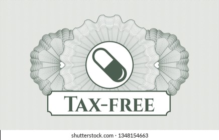 Green linear rosette with pill icon and Tax-free text inside