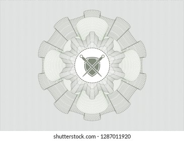 Green linear rosette with swords crossed with shield icon inside
