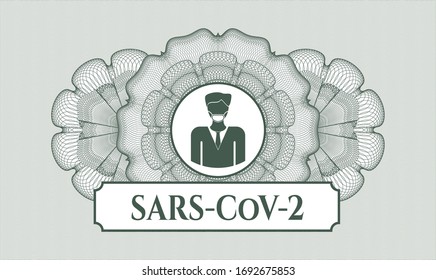 Green linear rosette. Vector Illustration. Detailed with man wearing face mask icon and SARS-CoV-2 text inside