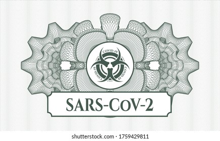 Green linear rosette. Vector Illustration. Detailed with biohazard covid-19 icon and SARS-CoV-2 text inside