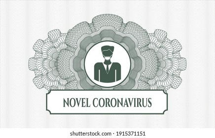 Green linear rosette. Vector Illustration. Detailed with man wearing face mask icon and Novel Coronavirus text inside