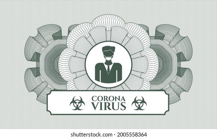 Green linear rosette. Vector Illustration. Detailed with man wearing face mask icon and Coronavirus text inside