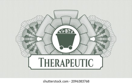 Green linear rosette. Vector Illustration. Detailed with Bitcoin mining trolley icon and Therapeutic text inside