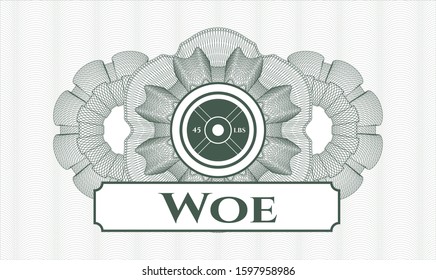 Green linear rosette with weightlifting or powerlifting plate (45 lbs) icon and Woe text inside