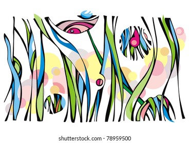 green lines with colored circles on a white background