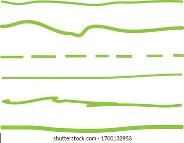 Línea verde vectorial dibujado a mano aislado en fondo blanco. Colección de líneas de doodle, plantilla dibujada a mano. Líneas de trazo de pincel verde y grueso, ilustración vectorial