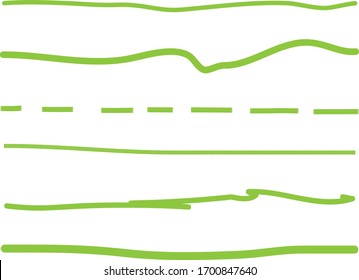 Green lines hand drawn vector set isolated on white background. Collection of doodle lines, hand drawn template. Green marker and grunge brush stroke lines, vector illustration