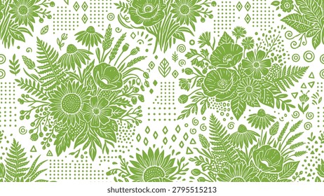 Green Linocut Floral Seamless Pattern with Wildflowers, Ferns, and Sunflowers