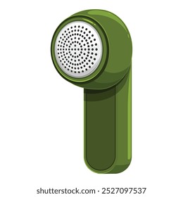 Green lint remover is removing fuzz from clothes, modern electric device for cleaning fabric