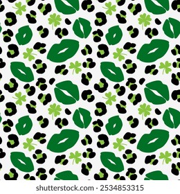 Green lips and abstract leopard print on white background. Seamless pattern with kiss and exotic wild animal spot silhouette. Wallpaper for St Patrick's day holiday design. Vector stock illustration.