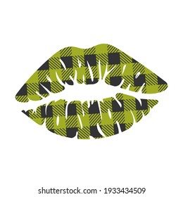 Green Lips. Buffalo Plaid Patterned Kiss Design. Saint Patricks Day Clipart. Vector Illustration.