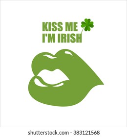 Green lips. Green kiss and clover, Shamrock. Kiss me I'm Irish. Merry logo for Saint Patrick's holiday in Ireland
