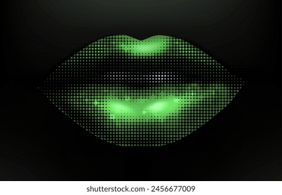 Green lips retro halftone on the black background. Natural sexy female lips in style modern dotted pop art style. Vector illustration with vintage grunge punk cutout