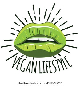 Green lips in retro style design. Vegan lifestyle concept. Modern poster or sticker. Tattoo concept.Health and diet demagogue. 