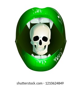Green lips of a vampire with a skull