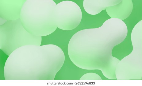 Bolhas de líquido verde definidas. Esferas coloridas abstratas em voo. Formas líquidas orgânicas voando. . Fluxo de partículas moleculares morfagem design Vetor 3d ilustração