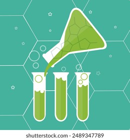 green liquid experiment test or research in tubes. bubbles on black background in lab flat design vector. science icon for laboratory or chemistry symbol. potion fluid or toxic on flask illustration