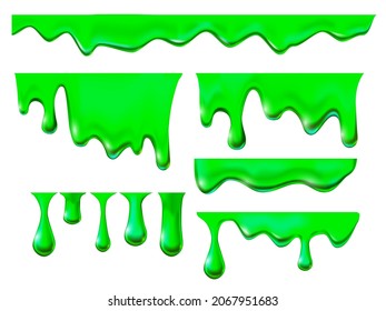 Green liquid falling down with drips set vector illustration. 3d realistic border with paint splash, dye drops and blobs of fluid, glue horizontal frame collection with neon color isolated on white