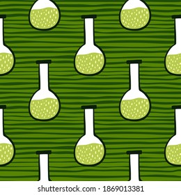 Green liquid in flask seamless doodle pattern. Laboratory ornament on striped green background. Great for fabric design, textile print, wrapping, cover. Vector illustration.