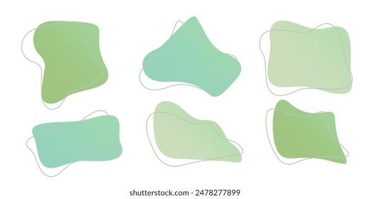 Green liquid halftone drops water shapes set, splashes collection. Paint spot, blot, rain puddle, oil blobs. Irregular abstract graphic design elements Transparent background. Vector illustration.