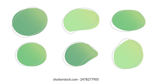 Green liquid halftone drops water shapes set, splashes collection. Paint spot, blot, rain puddle, oil blobs. Irregular abstract graphic design elements Transparent background. Vector illustration.