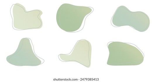 Green liquid halftone drops water shapes set, splashes collection. Paint spot, blot, rain puddle, oil blobs. Irregular abstract graphic design elements Transparent background. Vector illustration.