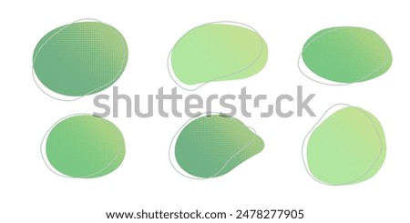 Green liquid halftone drops water shapes set, splashes collection. Paint spot, blot, rain puddle, oil blobs. Irregular abstract graphic design elements Transparent background. Vector illustration.