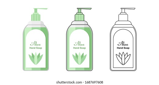 Green liquid hand soap flat vector illustration. Set of three illustrations in different styles.